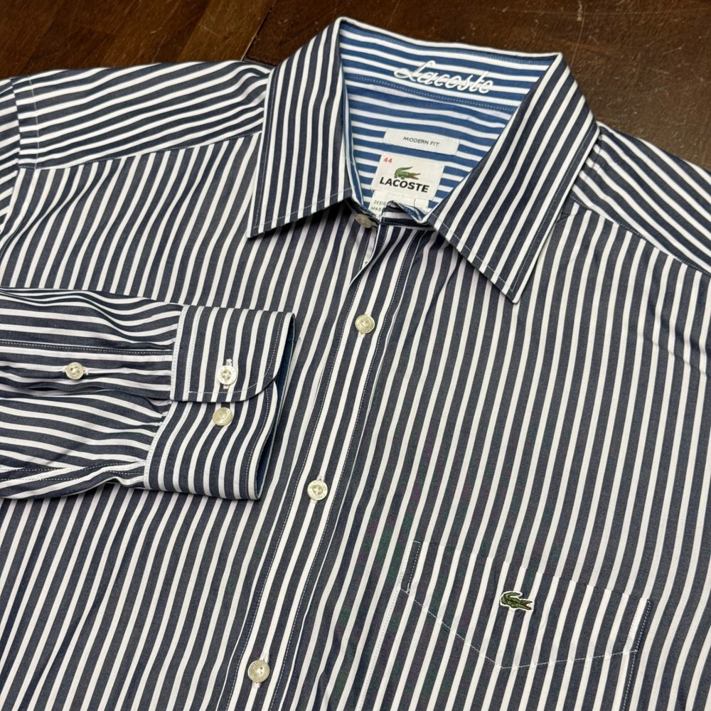 Lacoste Button Down Shirt Mens 44 XL Navy White Striped Modern Fit F5182